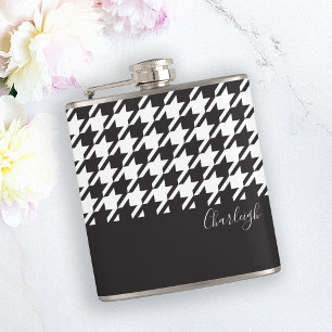 Classic Modern Black and White Houndstooth Hip Flask