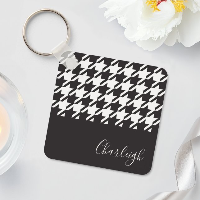 Classic Modern Black and White Houndstooth Name Key Ring (Creator Uploaded)