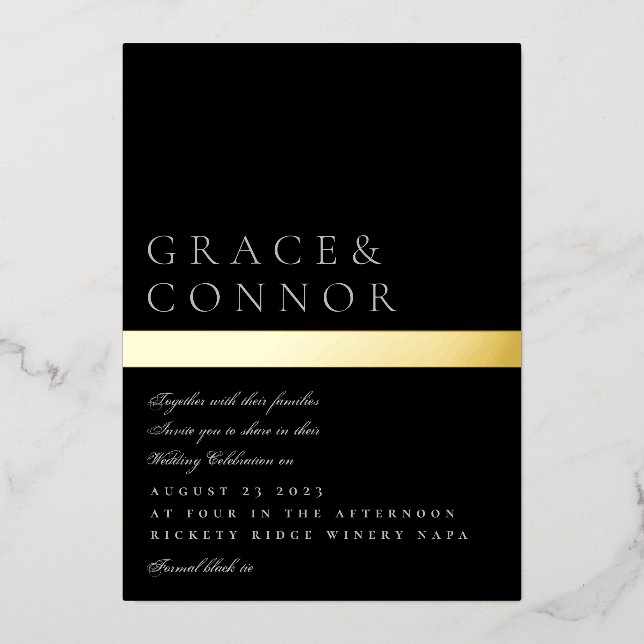 Classic Modern Black Grey Gold Foil Stripe Wedding (Front)