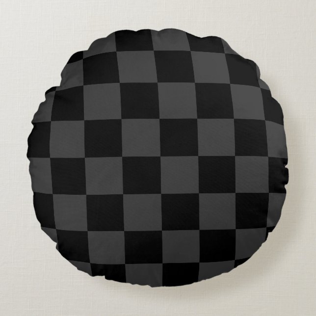Classic Modern Black & Smoky Black Chequerboard  Round Cushion (Front)