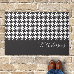 Classic Modern Black White Houndstooth Family Name Doormat