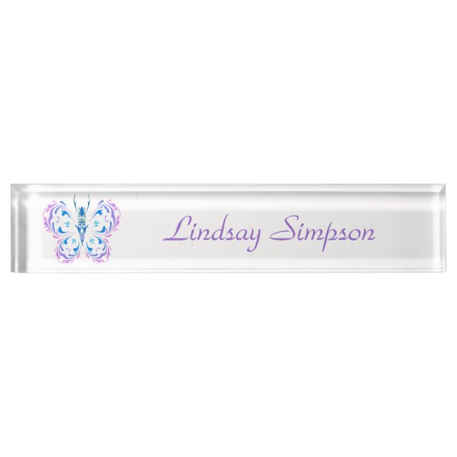 Classic Modern Blue Pink Purple Butterfly Art Nameplate (Front)