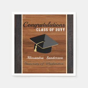 Classic Modern Brown Wood Grain Graduation Cap Napkin