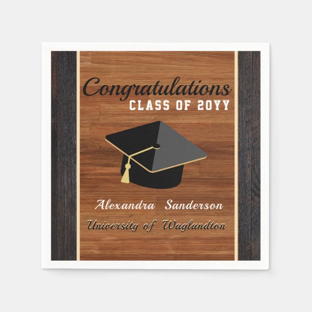 Classic Modern Brown Wood Grain Graduation Cap  Napkin (Front)