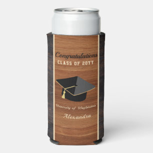 Classic Modern Brown Wood Grain Graduation cap Seltzer Can Cooler