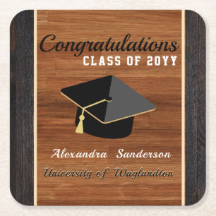 Classic Modern Brown Wood Grain Graduation Cap  Square Paper Coaster