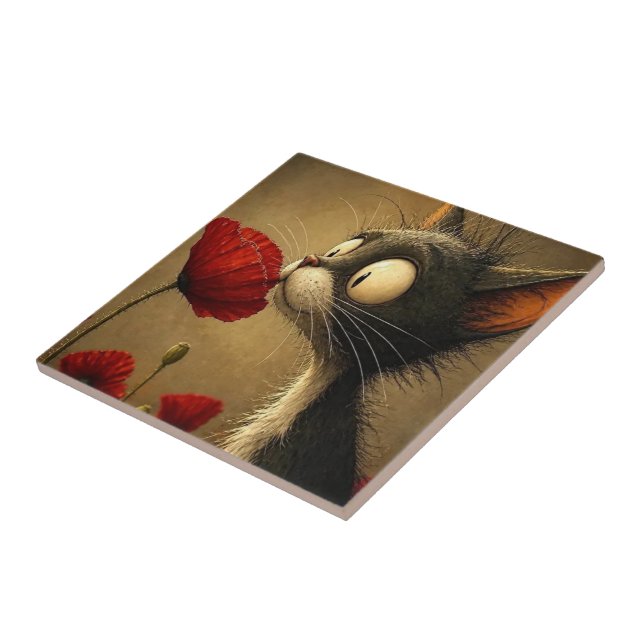 Classic Modern Ceramic Tile Black & White Cat Red  (Side)