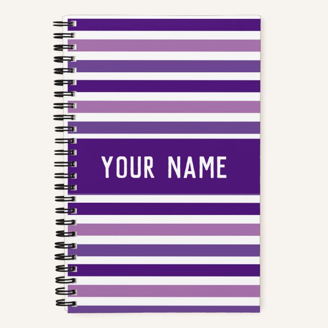 Classic Modern Custom Name Purple & White Stripes  Notebook (Front)