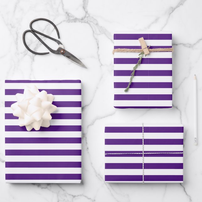 Classic Modern Dark Royal Purple and White Striped Wrapping Paper Sheet (Front)