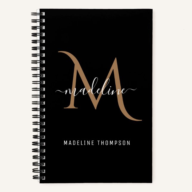 Classic Modern Decorative Black Gold Monogram Notebook (Front)