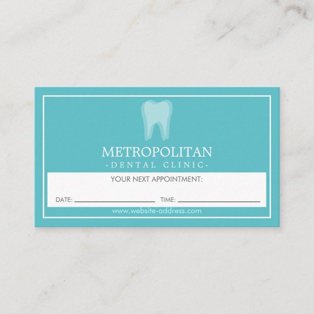 Classic Modern Dentist Tooth Logo Aqua Appointment Business Card (Front)