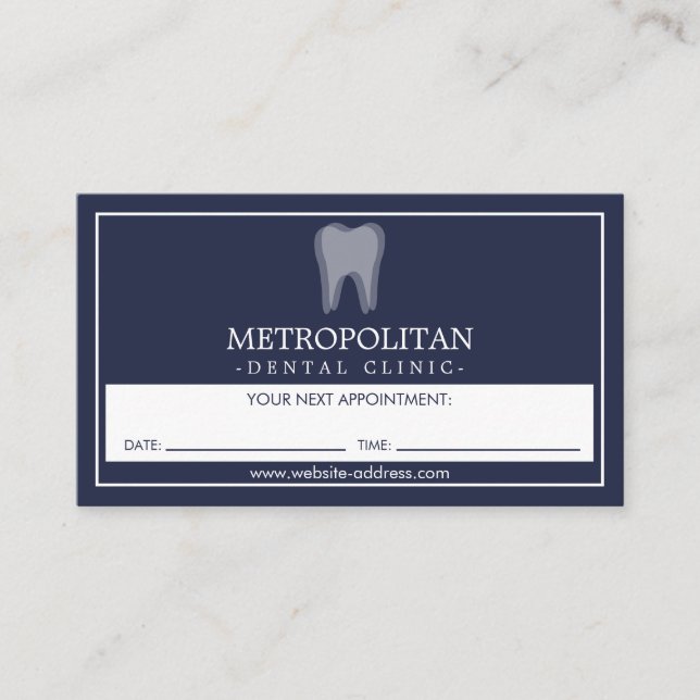 Classic Modern Dentist Tooth Logo Navy Appointment Business Card (Front)
