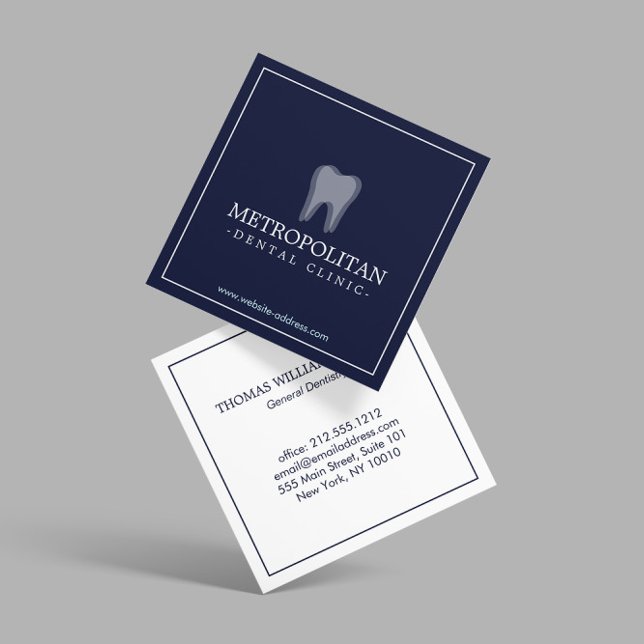 Classic Modern Dentist Tooth Logo on Navy Blue Square Business Card (Creator Uploaded)