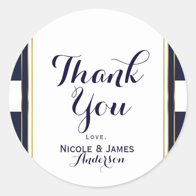Classic Modern Elegant Blue & Gold Wedding Favour Classic Round Sticker (Front)