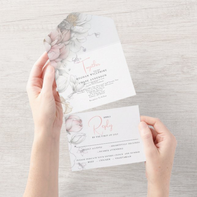 Classic Modern Ivory and Blush Floral  All In One Invitation (Tearaway)