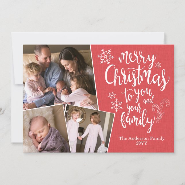 Classic Modern Merry Christmas 3 Photo Rustic Red Holiday Card (Front)