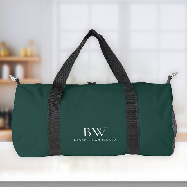 Classic Modern Minimal Dark Green White Monogram  Duffle Bag (Creator Uploaded)