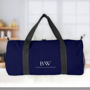 Classic Modern Minimal Navy Blue White Monogram Duffle Bag