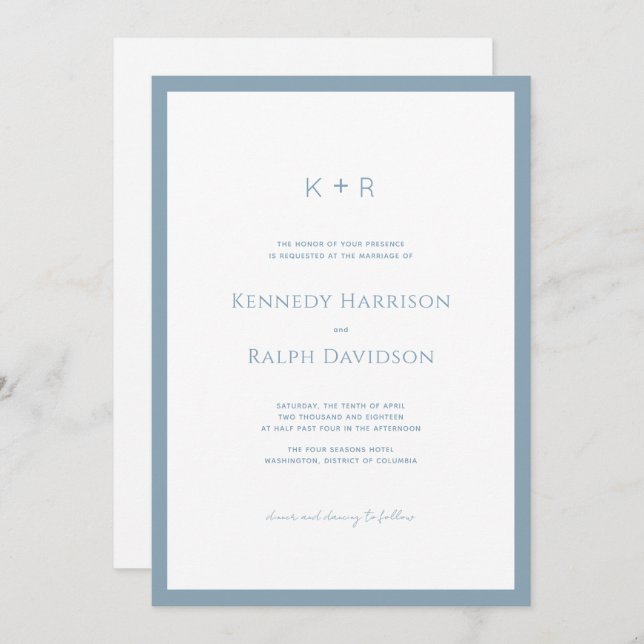 Classic Modern Monogram Slate Blue Border Invitation (Front/Back)
