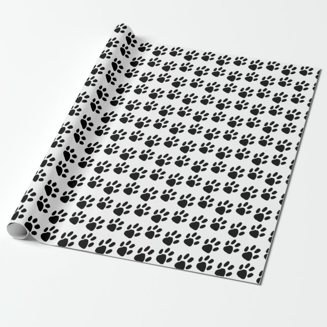 Classic Modern Paw Print Pattern Black and White Wrapping Paper (Unrolled)