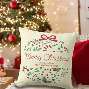 Classic Modern Red Green Floral Berries Christmas  Cushion