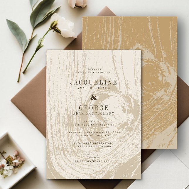 Classic Modern Rustic Woodgrain Autumn Wedding Invitation (Classic Modern Rustic Yellow Ochre Woodgrain Chic Autumn Wedding Invitation @ fatfatin_blue_knot)