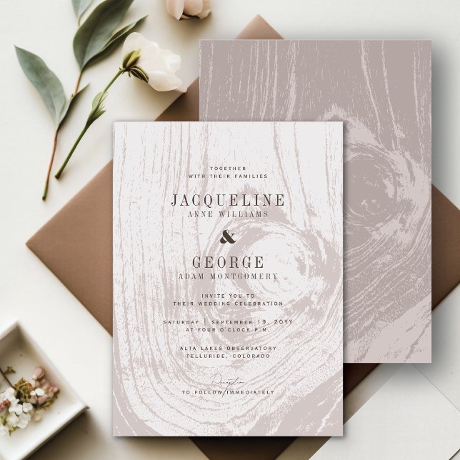 Classic Modern Rustic Woodgrain Chic Fall Wedding Invitation (Classic Modern Rustic Tan/Taupe Woodgrain Chic Fall Wedding Invitation @ fatfatin_blue_knot)
