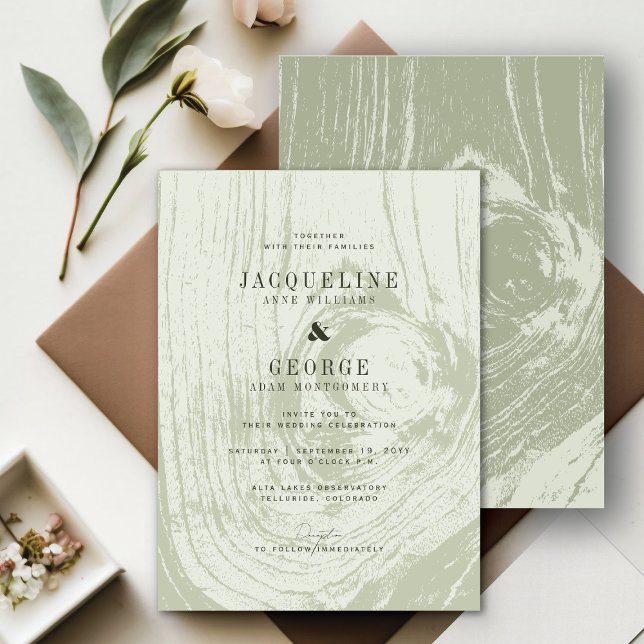 Classic Modern Rustic Woodgrain Spring Wedding Invitation (Classic Modern Rustic Moss Green Woodgrain Chic Spring Wedding Invitation @ fatfatin_blue_knot)