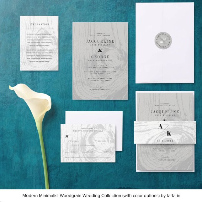 Classic Modern Rustic Woodgrain Winter Wedding Invitation (Clockwise: 1. EnclosureCard 2. Wedding Invitation 3. Round Sticker 4. Belly Band 5. RSVP Card)
