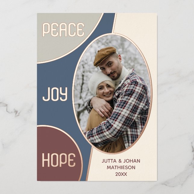 Classic Modern Seasons Greetings Rose Gold Foil Holiday Card (Front)