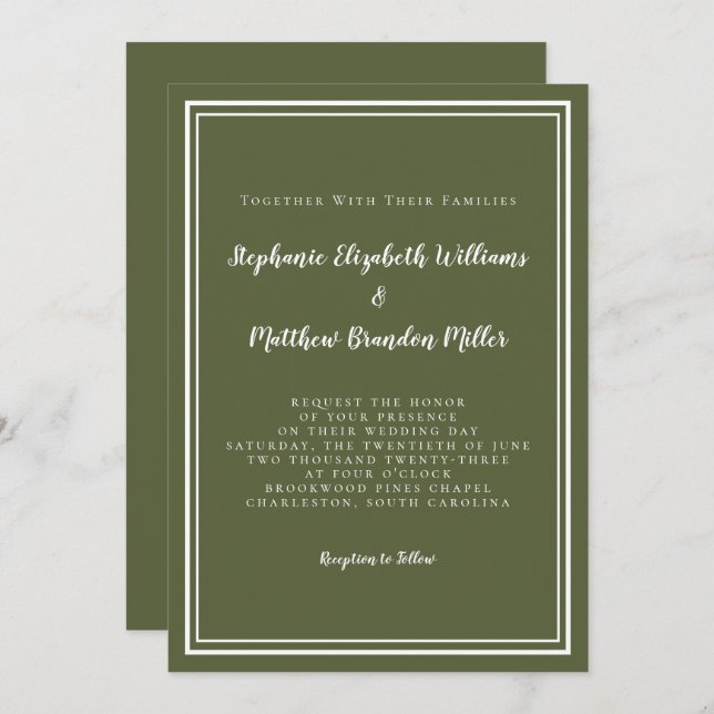 Classic Modern Simple Olive Green Elegant Wedding Invitation (Front/Back)