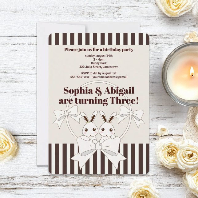 Classic Modern Stripe Bunny Twin Girl Birthday Invitation (Creator Uploaded)