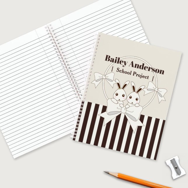 Classic Modern Stripe Cute Cartoon Twin Bunny Kids Notebook (Creator Uploaded)