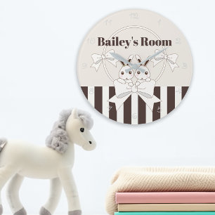 Classic Modern Stripe Cute Twin Bunny Kids Large Clock