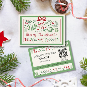 Classic Modern Vintage Red Green Floral Christmas  Discount Card