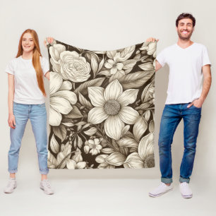 Classic Monochrome Floral with Vintage Mood Fleece Blanket