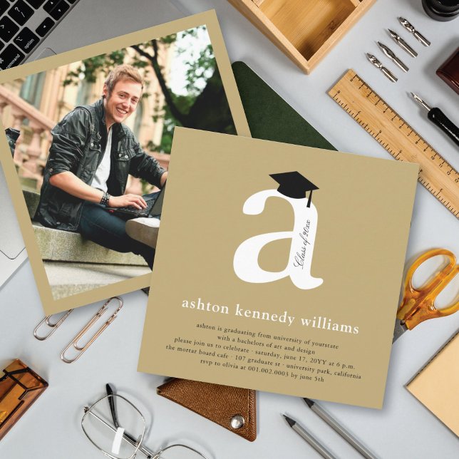 Classic Monogram Alphabet A Photo Graduation Party Invitation (Creator Uploaded)