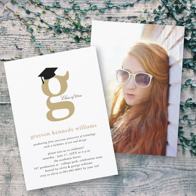 Classic Monogram Alphabet G Photo Graduation Party Invitation (Creator Uploaded)