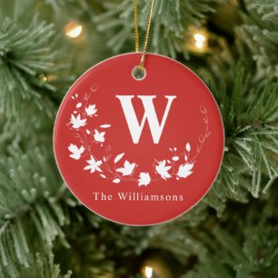 Classic Monogram and Name Red Floral Wreath Custom Ceramic Tree Decoration