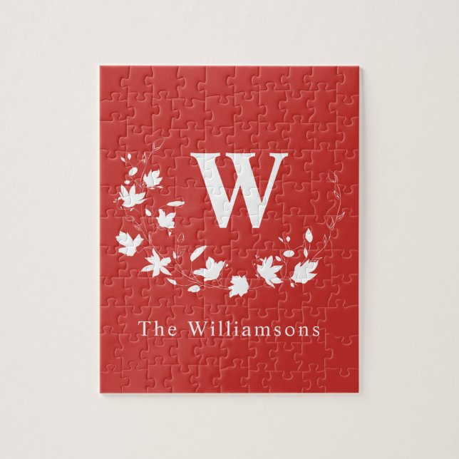 Classic Monogram and Name Red Floral Wreath Custom Jigsaw Puzzle (Vertical)