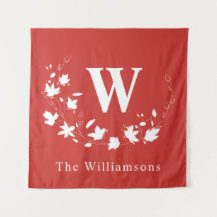 Classic Monogram and Name Red Floral Wreath Custom Tapestry