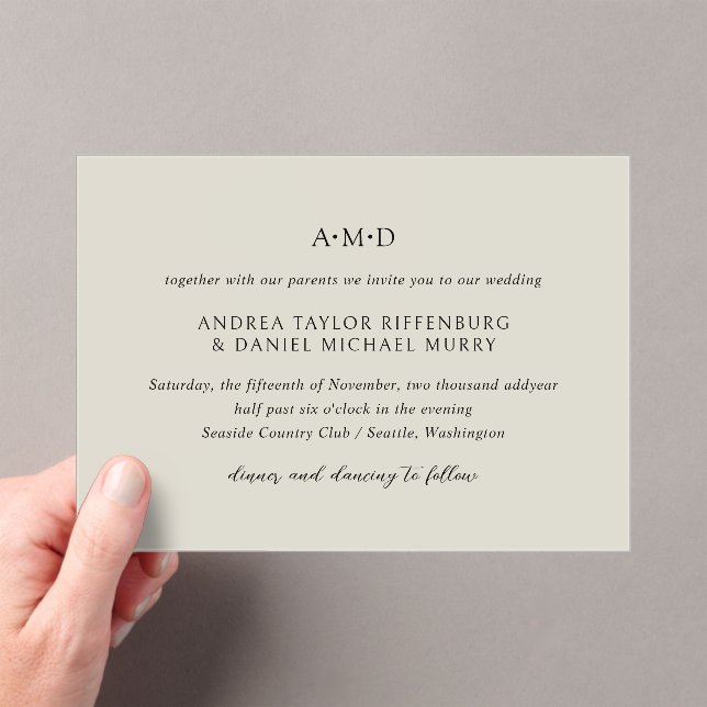 Classic Monogram Beige Formal Elegant Wedding Acrylic Invitations (Insitu (Handheld))