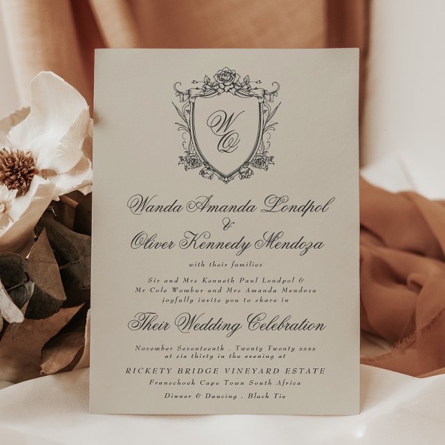 Classic Monogram Beige Formal Floral Crest Wedding Invitation (Creator Uploaded)