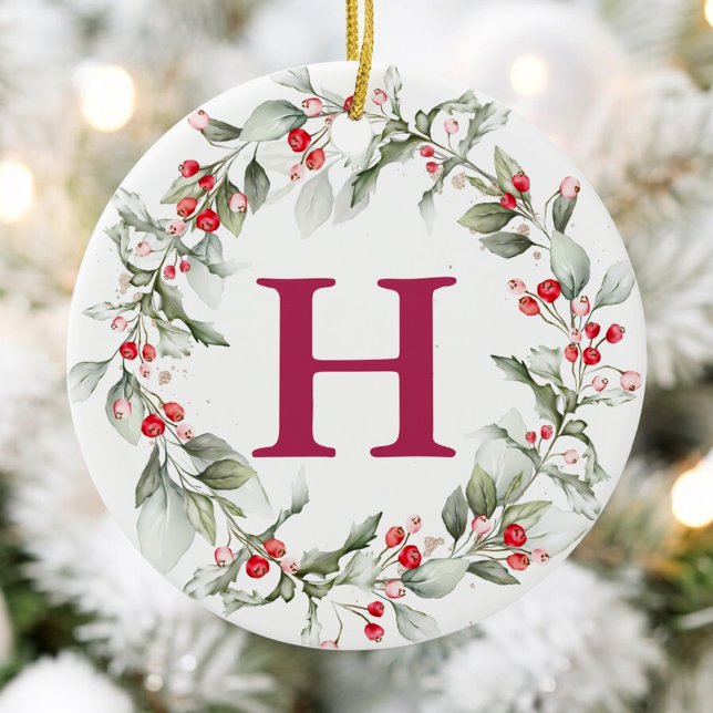 Classic Monogram Berry Wreath Christmas Ceramic Tree Decoration (Creator Uploaded)
