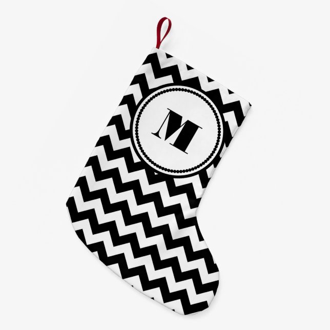 Classic Monogram Black And White Pattern Small Christmas Stocking (Front (Hanging))