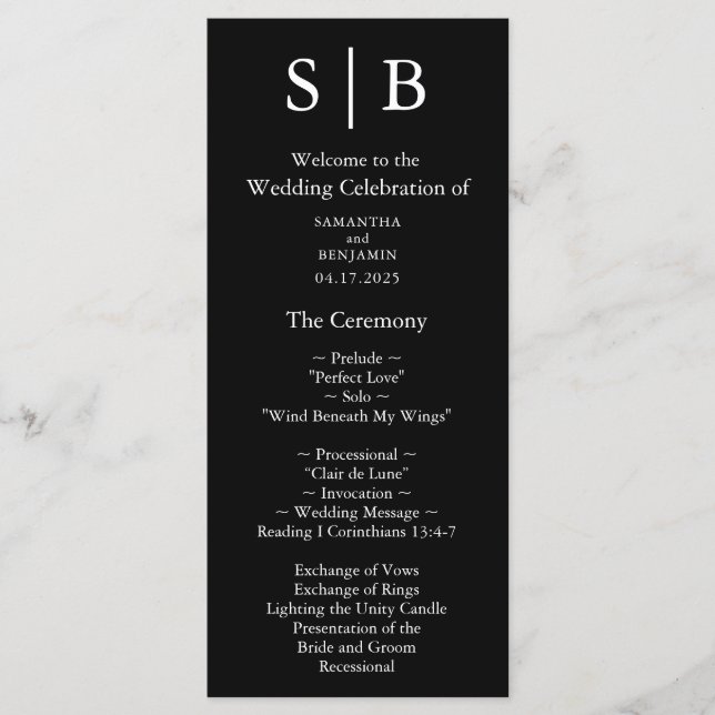 Classic Monogram Black and White Wedding Programme (Front)