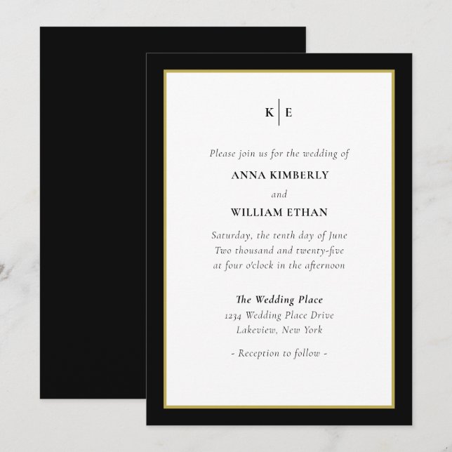 Classic Monogram Black Gold Wedding Invitation (Front/Back)