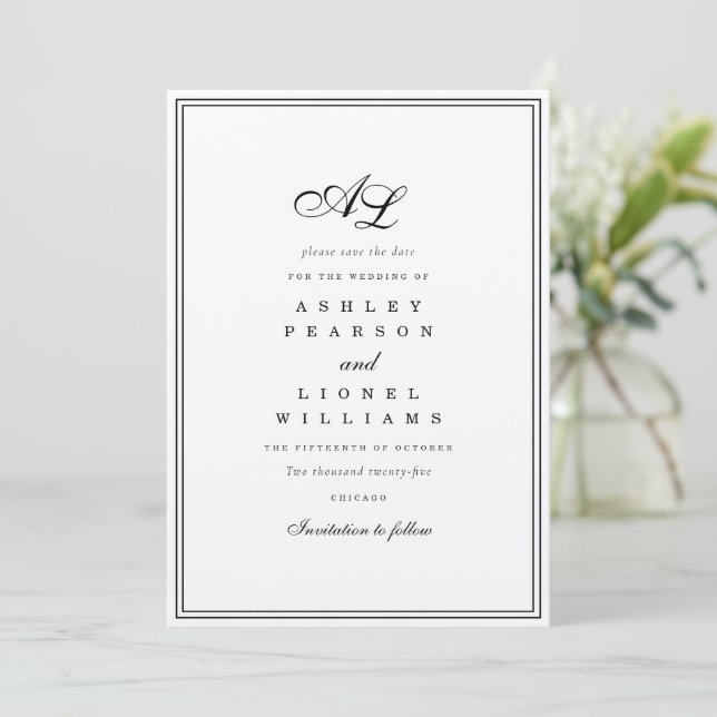 Classic Monogram Black & White Traditional Wedding Save The Date (Standing Front)
