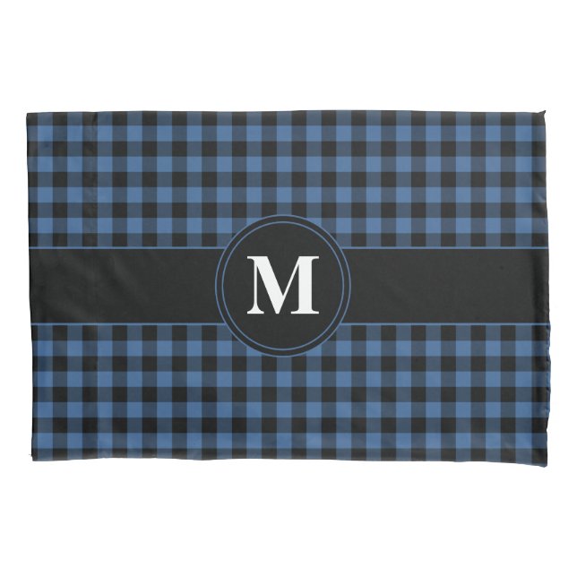 Classic Monogram Blue And Black Gingham Pillowcase (Front)