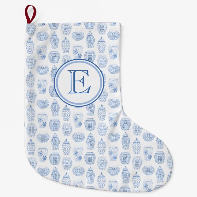 Classic Monogram Blue And White Ginger Jar Large Christmas Stocking (Front)